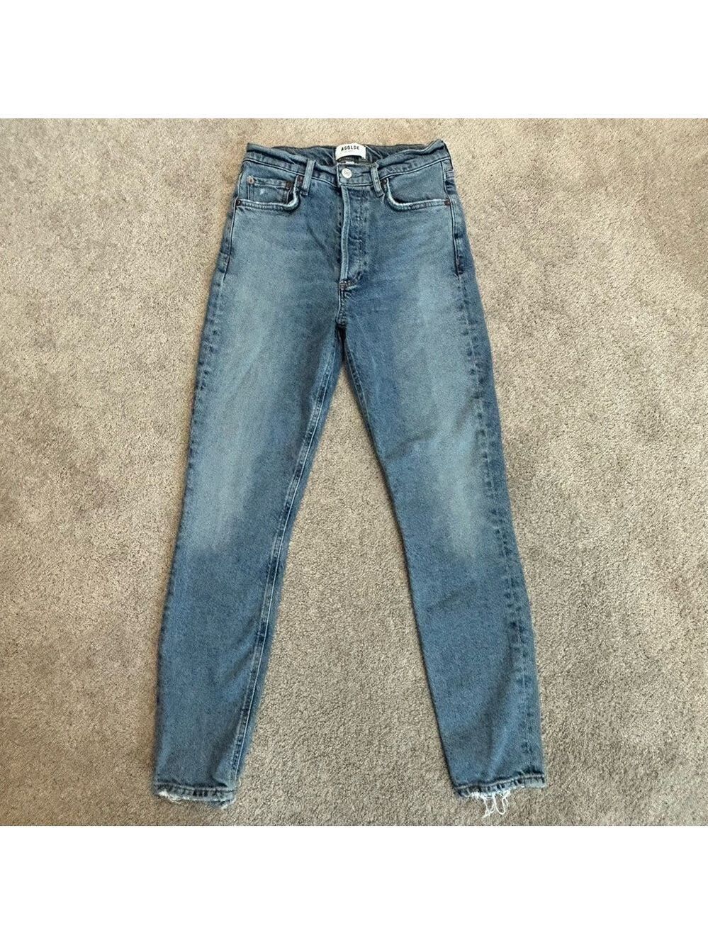 Agolde Nico High Rise Straight slim Crop Jeans button-fly raw unfinished hem 24